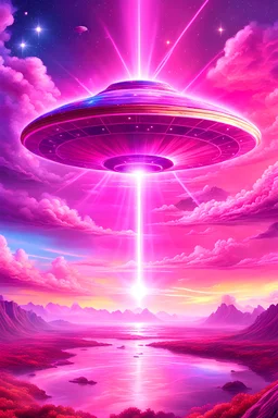 vaisseau interdimensionnel de couleur rose, grands rayonnements, dans un cosmos rose et jeu très étoilé d'or, 8K, beautiful ufo rainbow