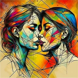 Whimsical kissing: This strange asymmetric abnormal kissable beautylady has a head that looks like a triangle, a square and a circle sewn together with cords. Colorful abstract art, mixed media. Disturbing, turpistic, dark. Scratches. Kissing background.