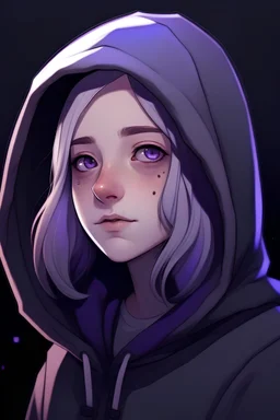 A girl with light gray hair with a small part of it being pale purple Her eyes are purple. The full moon shines behind her. She is wearing a black hoodie.