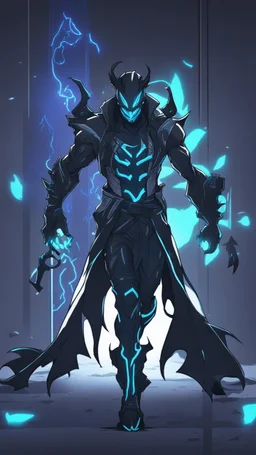 Mix between genji and venom symbiote in solo leveling shadow style with neon glowing blue
