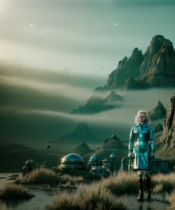 Ultra Realistic retro sci-fi scene, portrait, 2 blonde woman clones, sweet young Marilyn Monroe face, perfect iris, tight latex coat, helmet, Strange planet background. Spaceship, fog, rain, soft color, highly detailed, unreal engine 5, ray tracing, RTX, lumen lighting, ultra detail, volumetric lighting, 3d, finely drawn, high definition, high resolution.