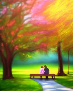 park mystical dream, park bench, man, woman, child, dog, trees, path, bird, sunshine, mystical, fantasy, romanticism, pastel colors, daylight, daytime, acrylic painting, detailed, soft focus,