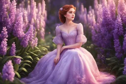 Amongst pink and purple hyacinths, she graces the scene, A spring girl with auburn hair, a vision serene, In her floral dress, she sits, elegance untold, A fantastical Elsa, enchanting hearts untold. Elsa's face, digital art, high quality, 4k