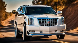 A sleek white shiny (((Customized gangsters lowrider cadillac escalade))), its contours and details perfectly captured in a (((cinematic view))), zipping along a winding road under a beautiful blue fresh morning sky