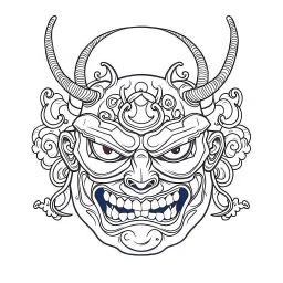 White, minimalis line art , oni mask japanes scarry, vector, white background, outline, with images neatly contained within the background, just black and white color,