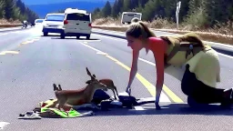 lady giving CPR to injured deer on highway I90