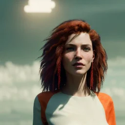 A beautiful portrait of a cyberpunk woman with lot's of grain on her skin red head with natural curly hair flying in the wind cyborg smiling facing camera orange color scheme, high key lighting, volumetric light high details with white stripes and feathers unreal 5, octane render, cinema4d, dynamic lighting, dramatic lighting, 4k, redshift render, highly detailed, hyper realistic