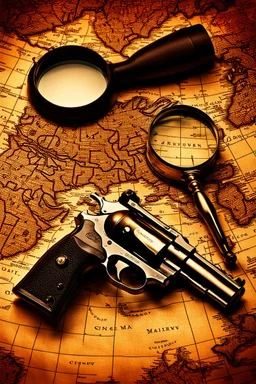 Colt 45 revolver laying on an old map next to a magnifying glass, hyper realistic