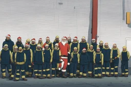 Santa Claus is visiting a factory and give all the workers presents, cartoon style Simon Stålenhag