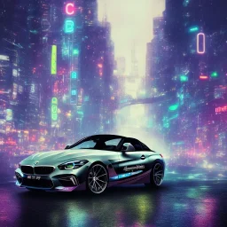 black 2022 BMW Z4 in the rain in a big city with lots of neon lights at nighttime