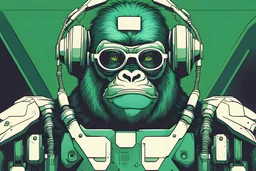 futuristic vector illustration of a full-body robotic gorilla with glasses and technical elements in green-blue colours
