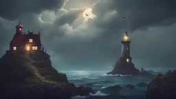 fantasy style. stormy night, island, lighthouse and witch tower, little house up on a cliff