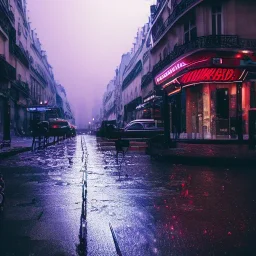 Cyberpunk street view at night, Paris, rain, ground reflection