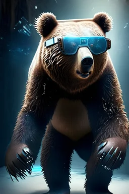 A bear showing the whole body wearing virtual reality glasses