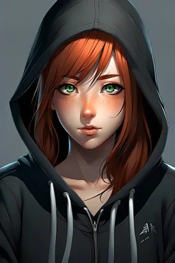 An anime young woman with dark brown eyes and shoulder length red hair wearing a black hoodie. Realistic.