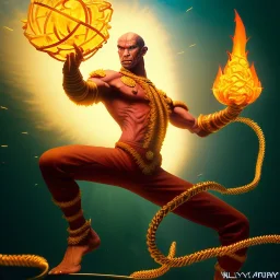 dhalsim spinning,flame, smoke, fence, yoga artist in the air, maze background , levitated lab equipment, 4k, Highly Detailed, Masterpiece, perfect eyes, Digital Illustration, Cinematic Lighting, Realistic, Sharp Focus, Centered, Beautifully Lit, Bioluminescent by Stanley Artgerm Lau