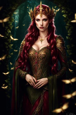 Burgundy hair, dark hair,dark red , rapunzel hair,very long hair,dark fairy princess,elven crown,night,dragonflies,beautiful,ong ashes,golden armor ,sparkle,night blooming,ivy,dark green,lilly of valley,golden elven crown,elven warrior,dark gold armor,extremely long hair