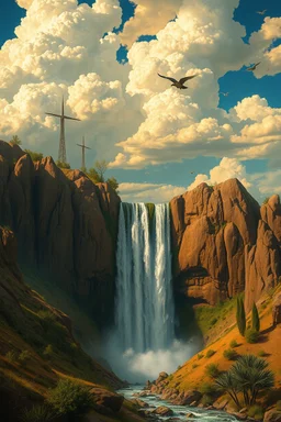 Hieronymus Bosch Style high quality picture waterfall in the desert beautiful clouds with birds hovering above