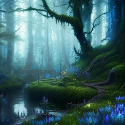 Dark fantasy concept art, dynamic lighting, Intricately detailed, Splash screen art, deep color, Unreal Engine, volumetric lighting, blue flowers, moss, leather, creek, flowing water, fantasy dark forest artwork,monk, candle light