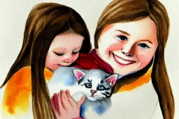 One cute smiling Norwegian girl is holding a kitten. Watercolour