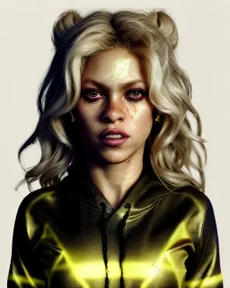 portrait, Shakira, blonde artist, angry, Realistic image, MMA robe, hoodie, mma gloves, loose long hair, fight pose, eyes, make-up, gold line make-up, moisture, sweat, fog, goddess, Neon colors, leds. Black background, photo studio, concept art, smooth, unreal engine 5, god lights, ray tracing, RTX, lumen lighting, ultra detail, volumetric lighting, 3d, finely drawn, high definition, 4k.