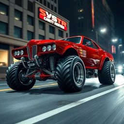 digital photograph, fantastical souped-up red futuristic muscle car with monster truck tires and futuristic silver hydraulics driving down a city street, car is shiny with aerodynamic features, dramatic angle, nighttime, cinematic lighting,