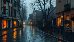 A rain-soaked cobbled street, in a picturesque сity, lights in the windows, trees, subdued light, meticulously detailed, hyperrealistic. Good depth of field like f/32, distant mist, elegant fantasy atmosphere, mood picturesque rain sunset village, intricate very attractive, evening time, late autumn, wet brush effect, intricate painting by Guido Borelli da Caluso, Ferdinand Knab, Ernst Haeck