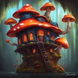 A weird mushroom house with drippy spots on a floating space island. black red orange blue. Detailed gloss Painting, rich color, fantastical, intricate detail, splash screen, hyperdetailed, insane depth, concept art, 8k resolution, trending on artstation