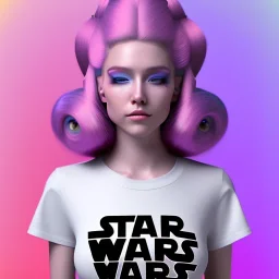 full body photo of smiling feminine pretty 19 year old girl wearing a star wars shirt, with rainbow glitter eye make-up, flat chest, pronounced, short and long pink hair, no body hair, no tattoos, lgbt, transgender, highly detailed, photo realistic, plain background, still shot, photo realism, full body photo, 8k high resolution, high detail, --ar 2:3 --v 4