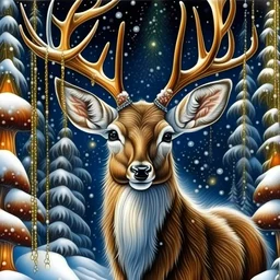 a painting of a deer in the snow, an airbrush painting, fantasy art, Christmas balls on horns, detailed painting, high detailed, official art, Christmas Reindeer Festive, face on front close