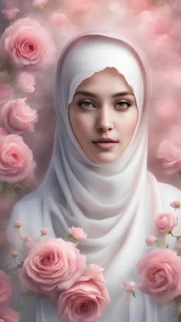 The most beautiful angel with a veil, wearing a hijab, thin rose flowers, heavenly flower background, extraordinary beauty, real life, realistic