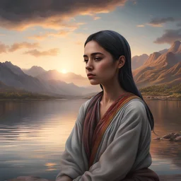 Hyper Realistic Sad Pukhtoon Young-Woman looking at cloudy sunset riverside & mountains at the back