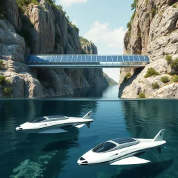 Transparent pedestrian bridge between two cliffs. It has solar panels installed. Below the bridge, autonomous underwater drones with sleek hulls and a solar panel on top retrieve trash from the lake. The drones have a hydrodynamic shape, are equipped with a robotic arm and camera to store plastic waste. The design is modern and innovative and reflects futuristic technologies for environmental protection.