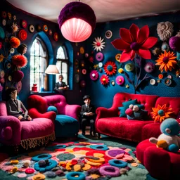 Detailed people, creepy living-room made of felt, naïve, vintage toys, splimapys, sun, splops, volumetric light, giant flowers, naïve, Tim Burton, strong texture, st, orero dream, extreme detail, Max Ernst, decal, rich moody colors, sparkles, Harry Potter, bokeh, odd, sbuc