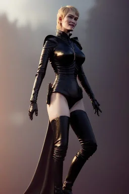 Cersei Lannister as evil dominatrix in black leather, busty, cleavage, curvy, lena headay, angry, stern look. character design by cory loftis, fenghua zhong, ryohei hase, ismail inceoglu and ruan jia. unreal engine 5, artistic lighting, highly detailed, photorealistic, fantasy