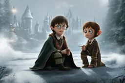 realistic young Harry Potter talking to Dobby in front of white house