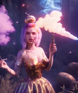 Ultra realistic wonderland photo, happy blonde woman smoking a shisha, blue dress, big purple-cat friend, circus dress style, old school tattoo, smoke, marijuana garden, glow eyes, perfect iris, soft color, highly detailed, unreal engine 5, cinematic, ultra detail, volumetric lighting, high definition.