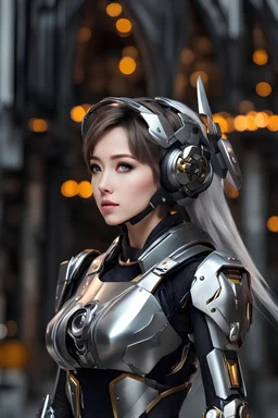 Front view excited realistic HD photograph,angel mechines,realistic photo beautiful anime digital human anime woman,full body,mechanical armor silver chromecast shine.style: details digitalphoto