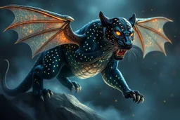 A panther with shimmering dragon scary ,cool wings