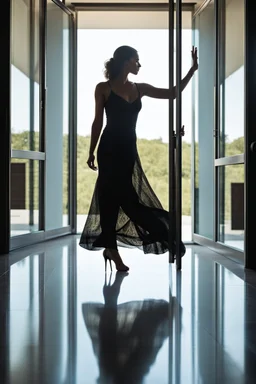 silhouette of a beautiful woman dancing behind a glass door, high quality, highly detailed, stunning, high realistic picture, impressive, sharp focus, perfect shot, professional photo