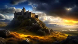 Photorealistic ruined castle in the distance overlooking a valley, on a cliff top, warm-toned stormy clouds