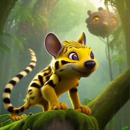 Marsupilami comic figure , photorealistic picture, unreal engine 5, lifelike, high detail intricate, jungle background, realistic proportions, long tail exiting frame