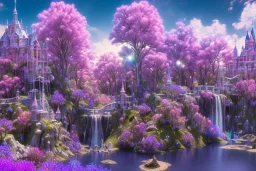 luminous pink castle, on the mountain, sun,swanns,waterfall, BLUE LAKE, SWANNs,fuksia bugainvillier flowers, jacaranda violet trees, sky pink blue, full of details, smooth, bright sunshine，soft light atmosphere, light effect，vaporwave colorful, concept art, smooth, extremely sharp detail, finely tuned detail, ultra high definition, 8 k, unreal engine 5, ultra sharp focus