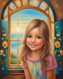 Painting of a happy young girl looking at the sunlight in the window, oil painting, beautiful face, face close-up, 10 years old, dreamy room in the background, spring, beautiful painting, oil painting, vibrant oil painting, inspired by Jeremiah Ketner