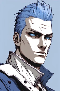 a portrait of vergil from devil may cry, with blue eyes, blue hair, pointy ears and wearing a blue trench coat