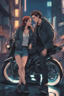 Science fiction, cyberpunk, city street, couple girl and guy, together, love at first sight, summer night, riding motorcycle