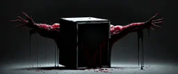 a faceless creature covered in blood holding up an empty black box