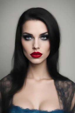 an extremely ugly abomination of a girl with great big pouty lips:1.5 and a humongous nose:1.5, wide set slanted soft blue eyes, extremely pointed chin, black hair, Annabella Lugosi, medium long shot, wide angle shot, full body image, head to toe, red lipstick