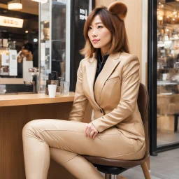 At a coffee shop in a shopping district. A Japanese actress tries on a cougar suit, she has a cougar head. The actress in a cougar suit with a cougar head sit inside and drink coffee. The actress's face and hair are not visible, her limbs are realistic, and the material is beige Lycra. View from the side.