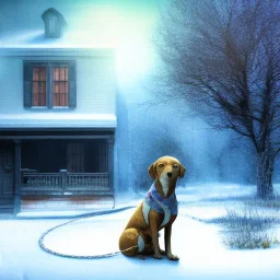 portrait of sad, scared, lonely dog tied with a short leash in front of house, winter, 8k resolution, high-quality, fine-detail, intricate, digital art, detailed matte, volumetric lighting, illustration, 3D octane render, brian froud, howard lyon, selina french, anna dittmann, annie stokes, lisa parker, greg rutowski